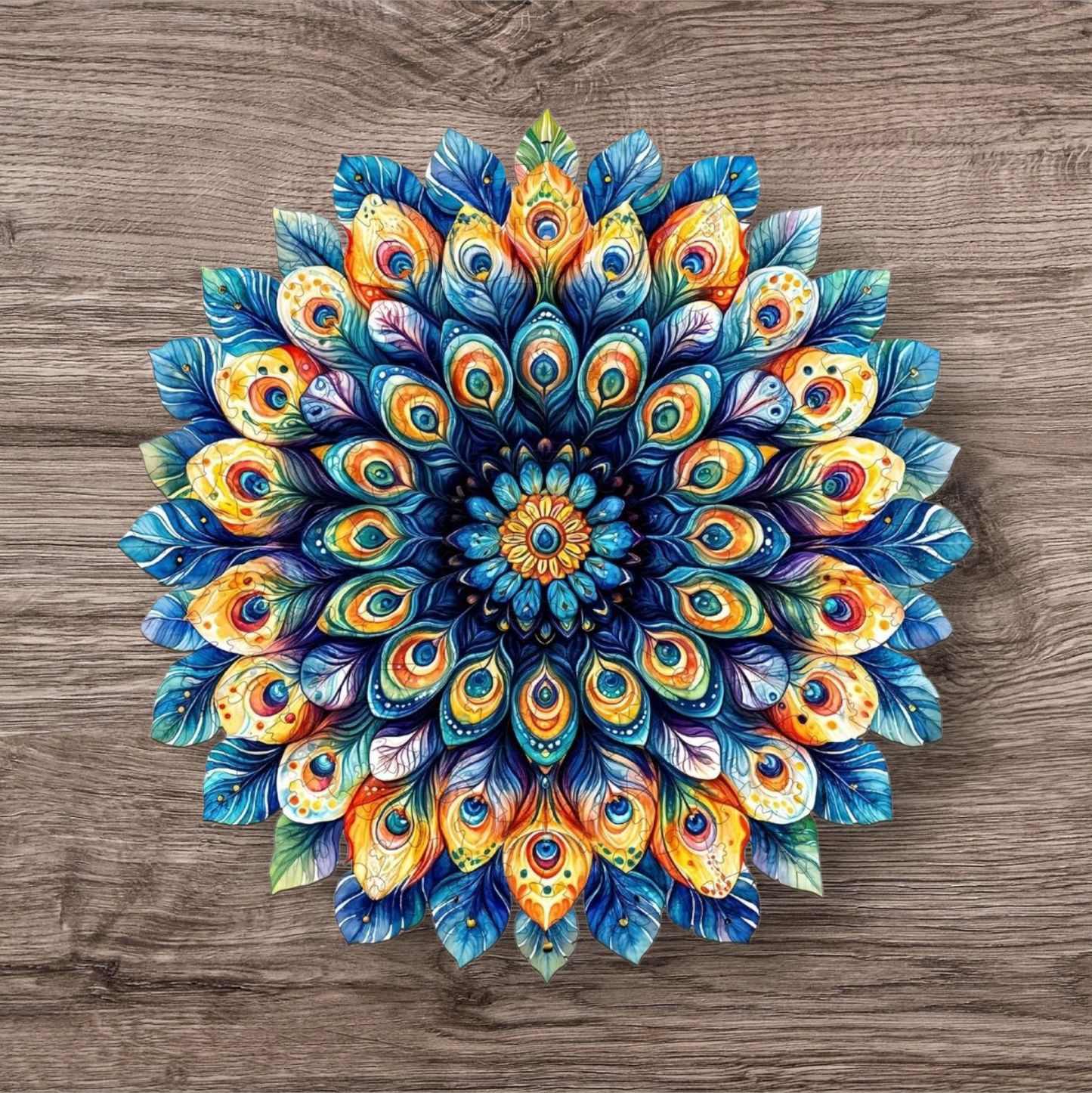 Peacock Feather Mandala Wooden Jigsaw Puzzle