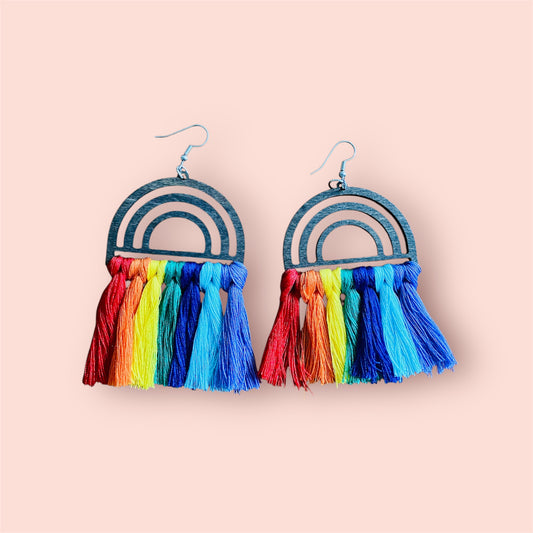 Wooden Rainbow Tassel Earrings