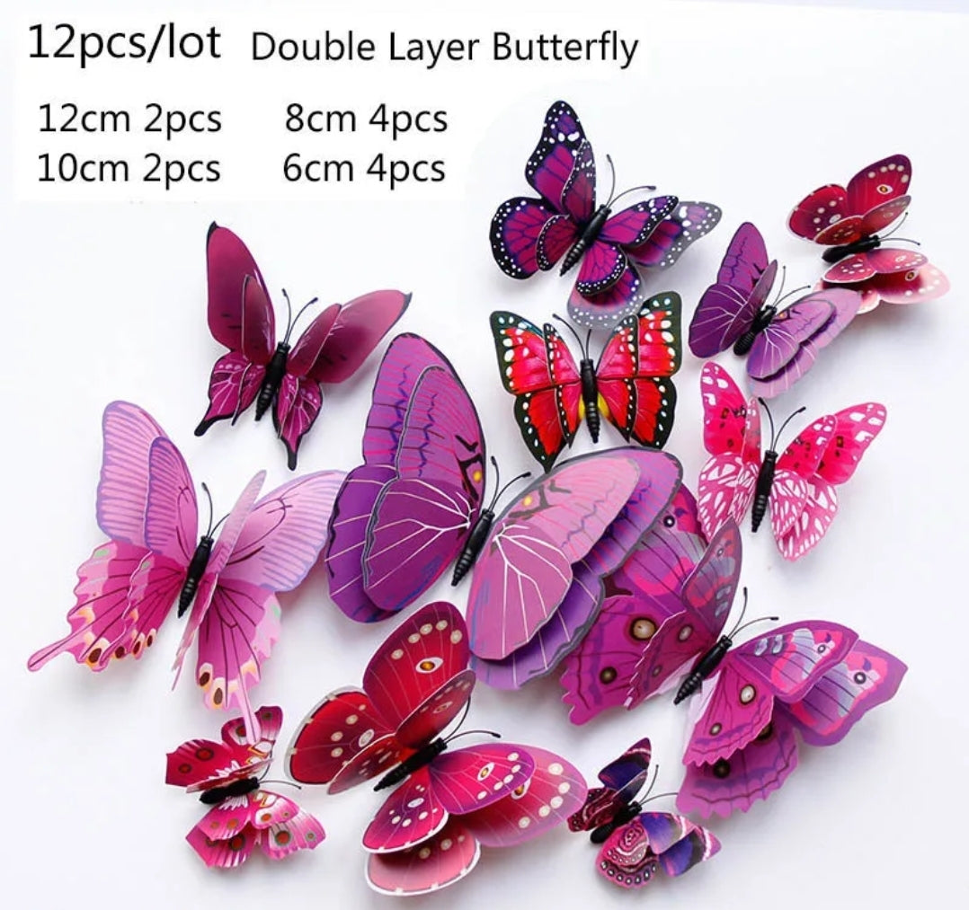 12 pcs 3D Double Layered Magnetic (Or Use with glue) Butterfly Stickers (Purple)