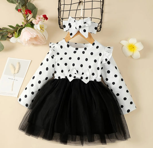 Baby Polka Dot Style Long Sleeve Dress with Headband