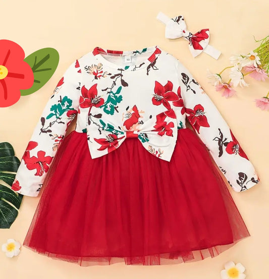 Kids Floral Pattern Long Sleeve Dress with Headband