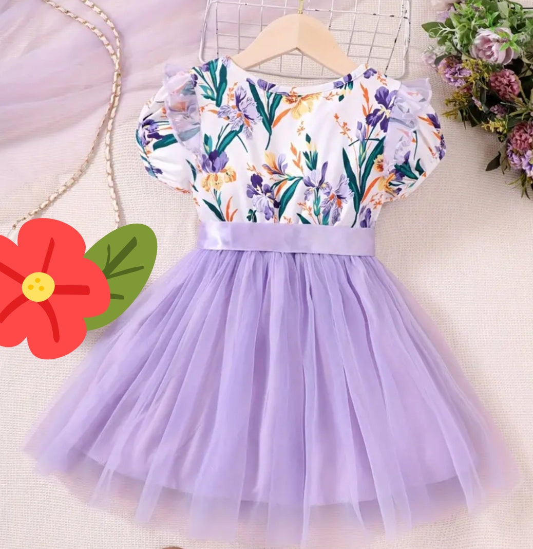 Kids Flowers Mesh Dress #Purple