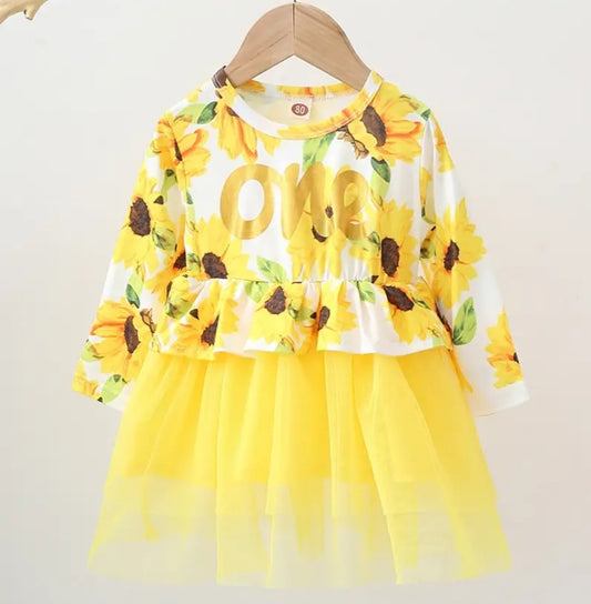Baby Floral Mesh Dress with Headband #Yellow